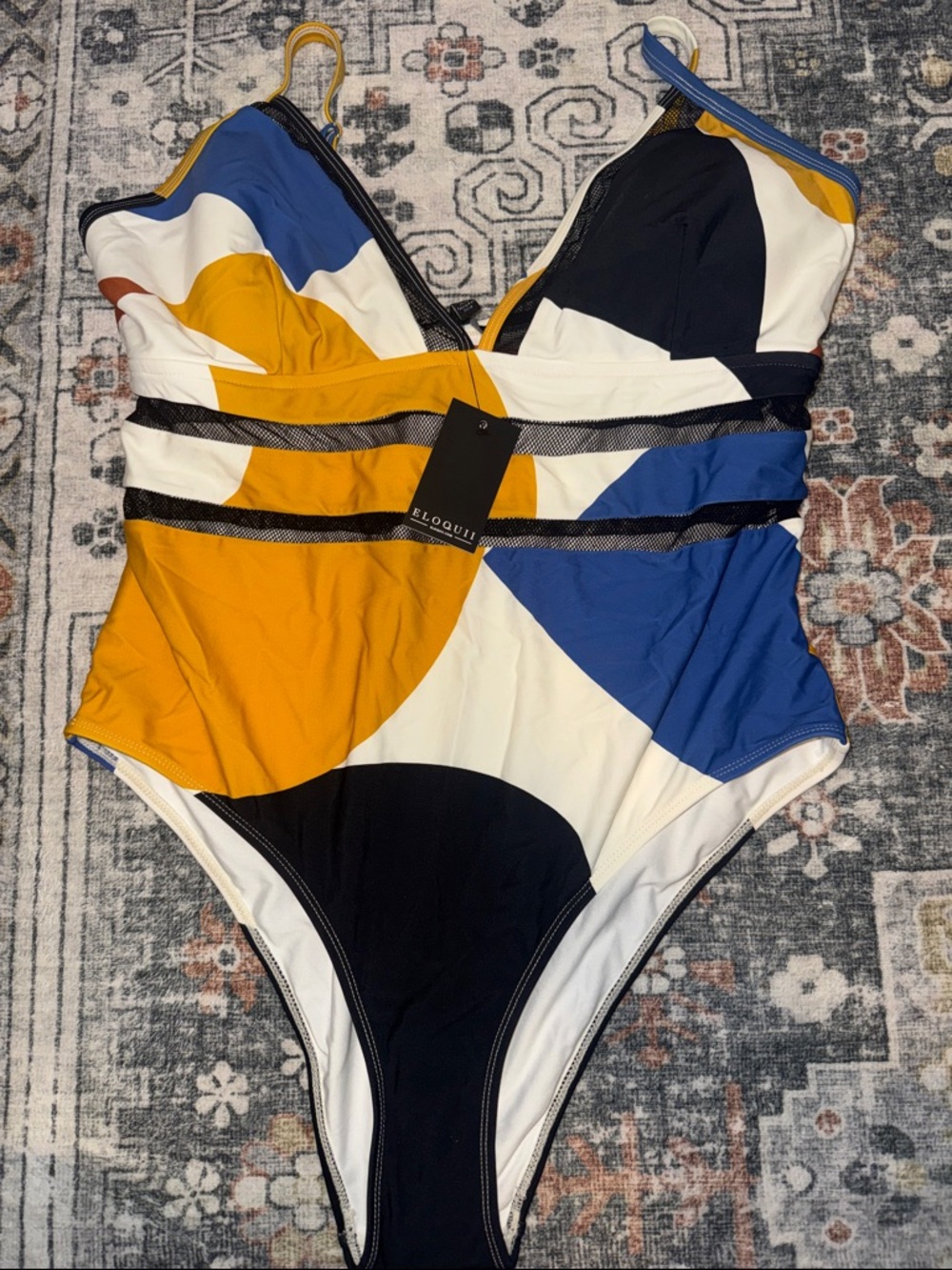 Eloquii Colorblock One-Piece Swimsuit - Mustard, Blue & Black